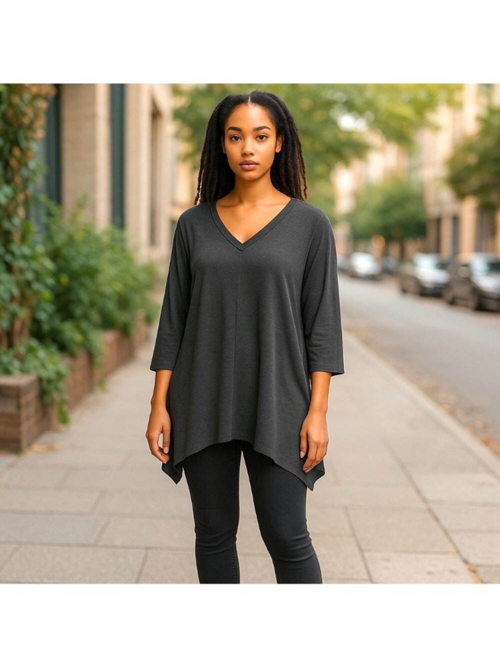 Garnet Hill Charcoal V-Neck 3/4 Sleeve Tunic/Dress, L